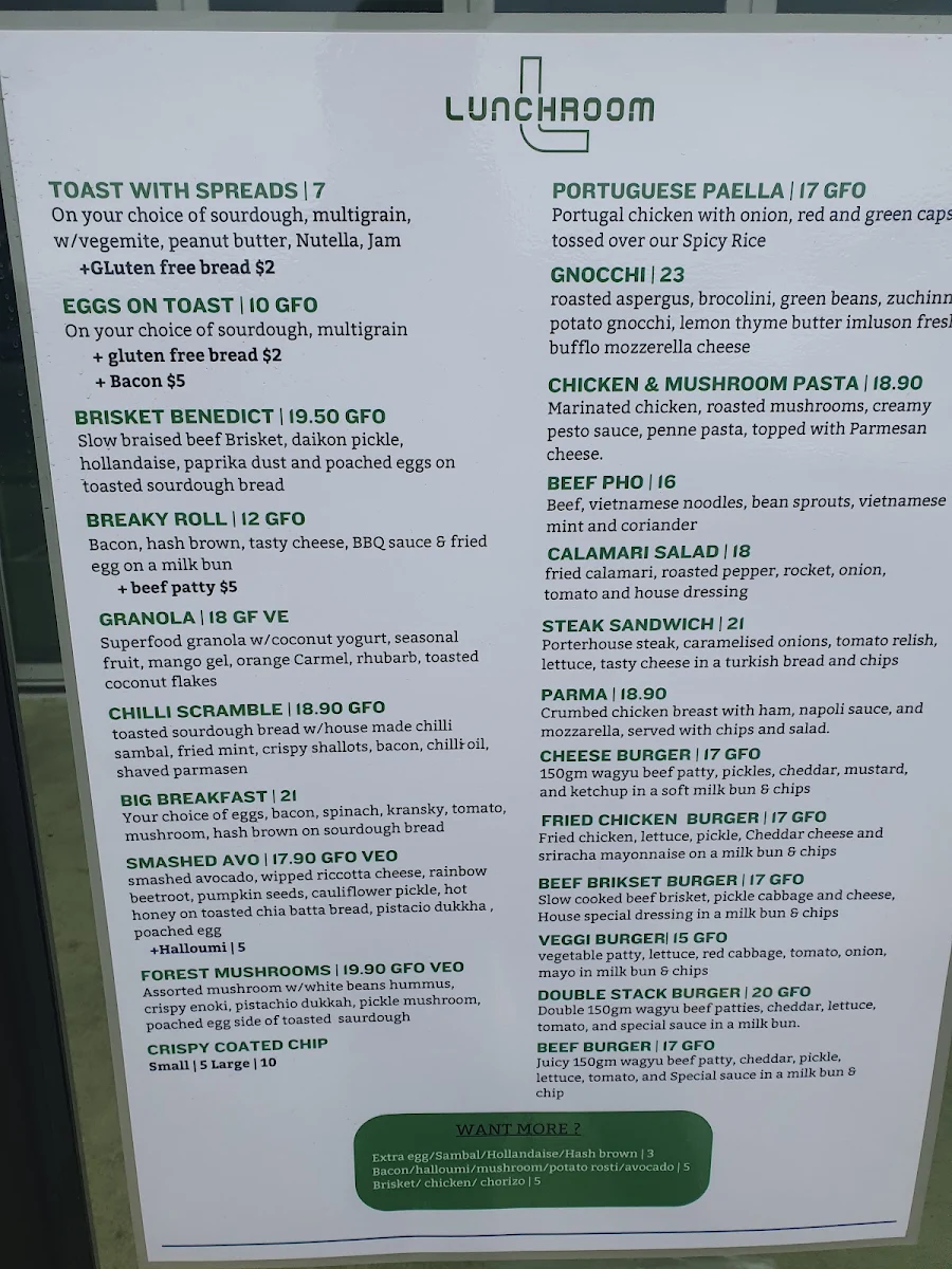 Menu, Café Lunchroom