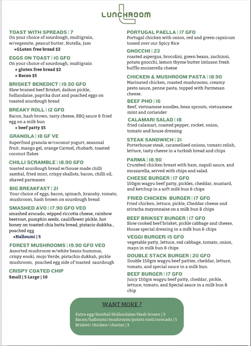 Menu, Café Lunchroom