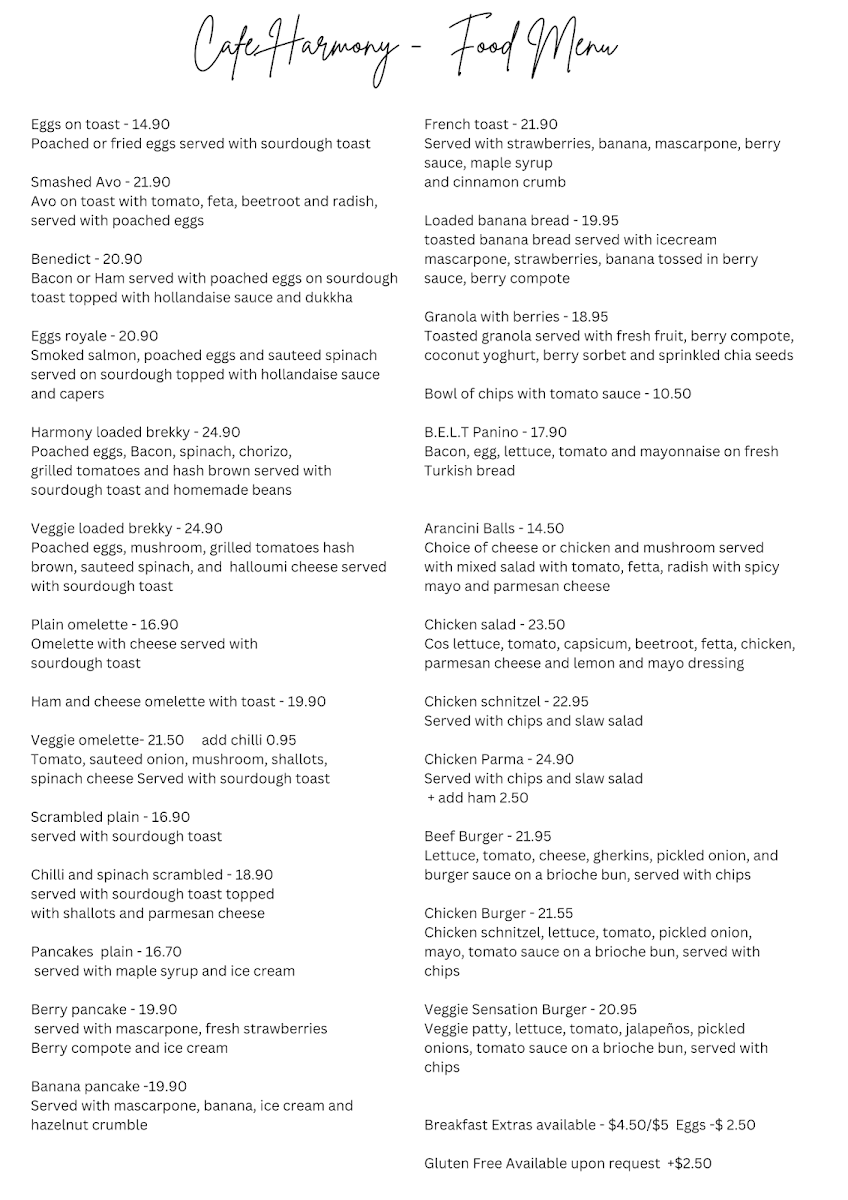 Menu, Cafe Harmony