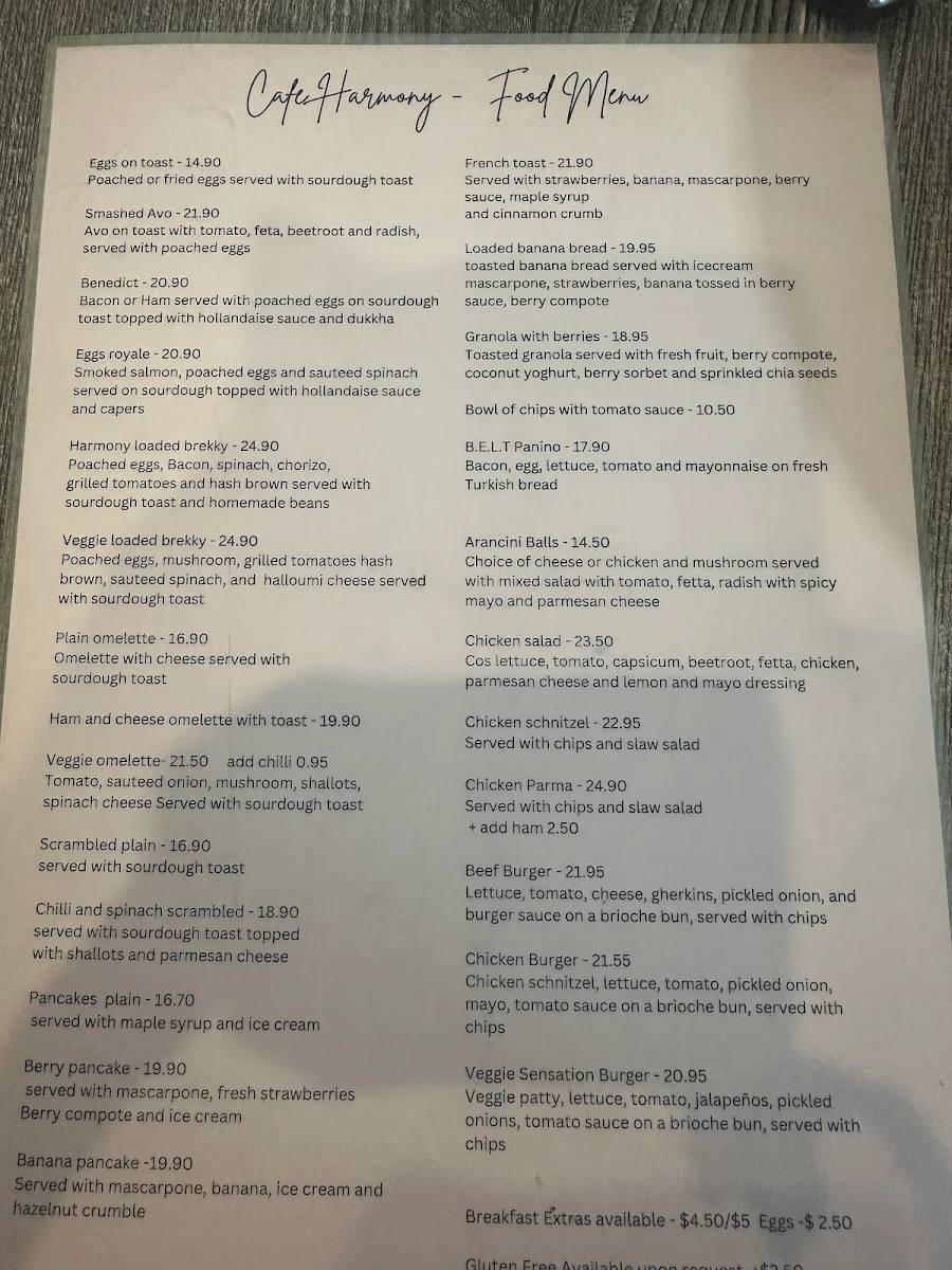 Menu, Cafe Harmony
