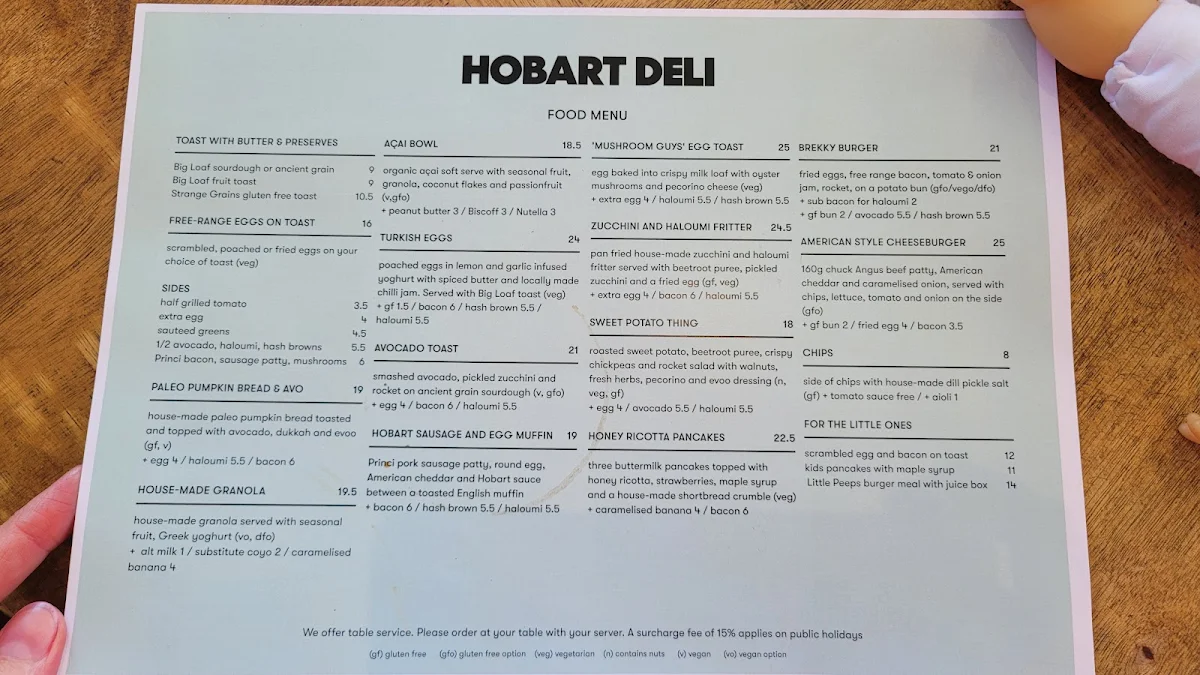 Menu, Hobart Deli