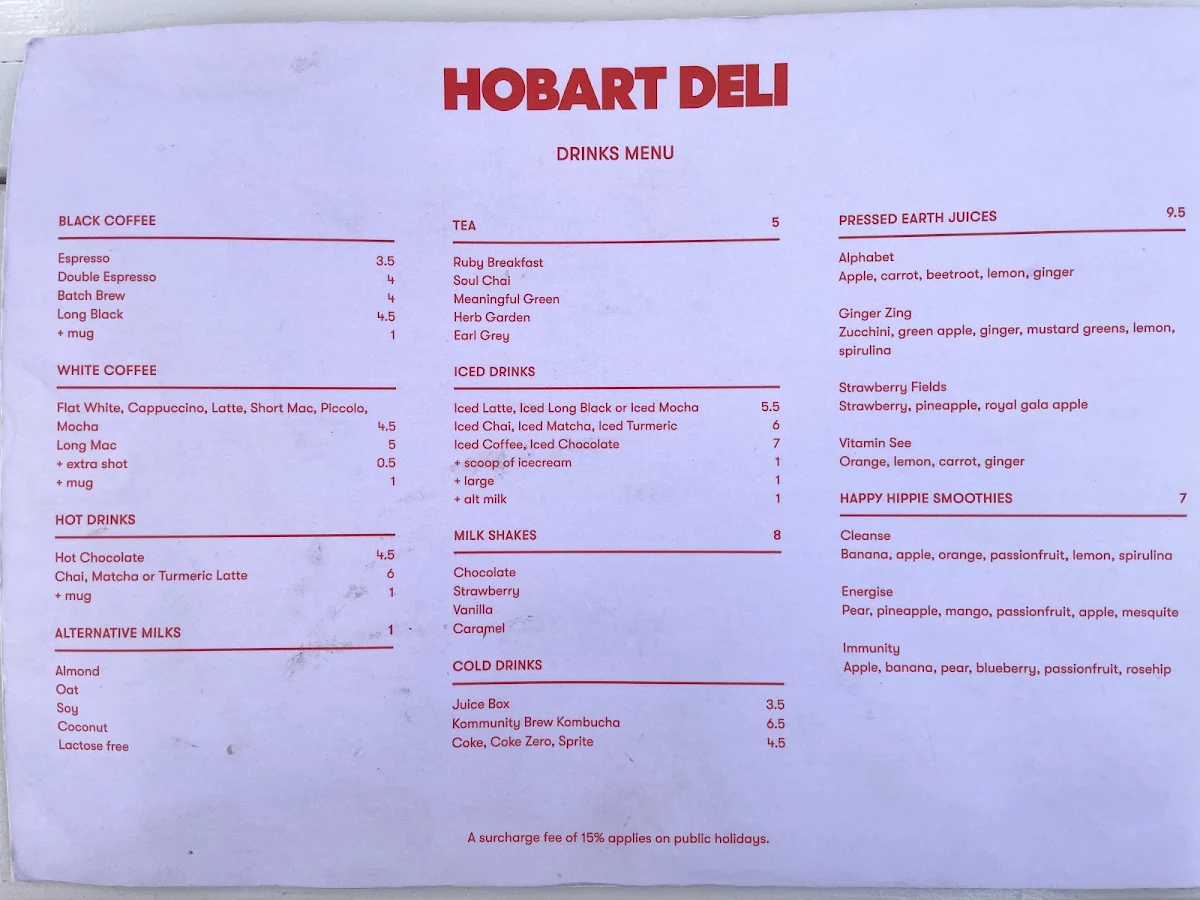 Menu, Hobart Deli