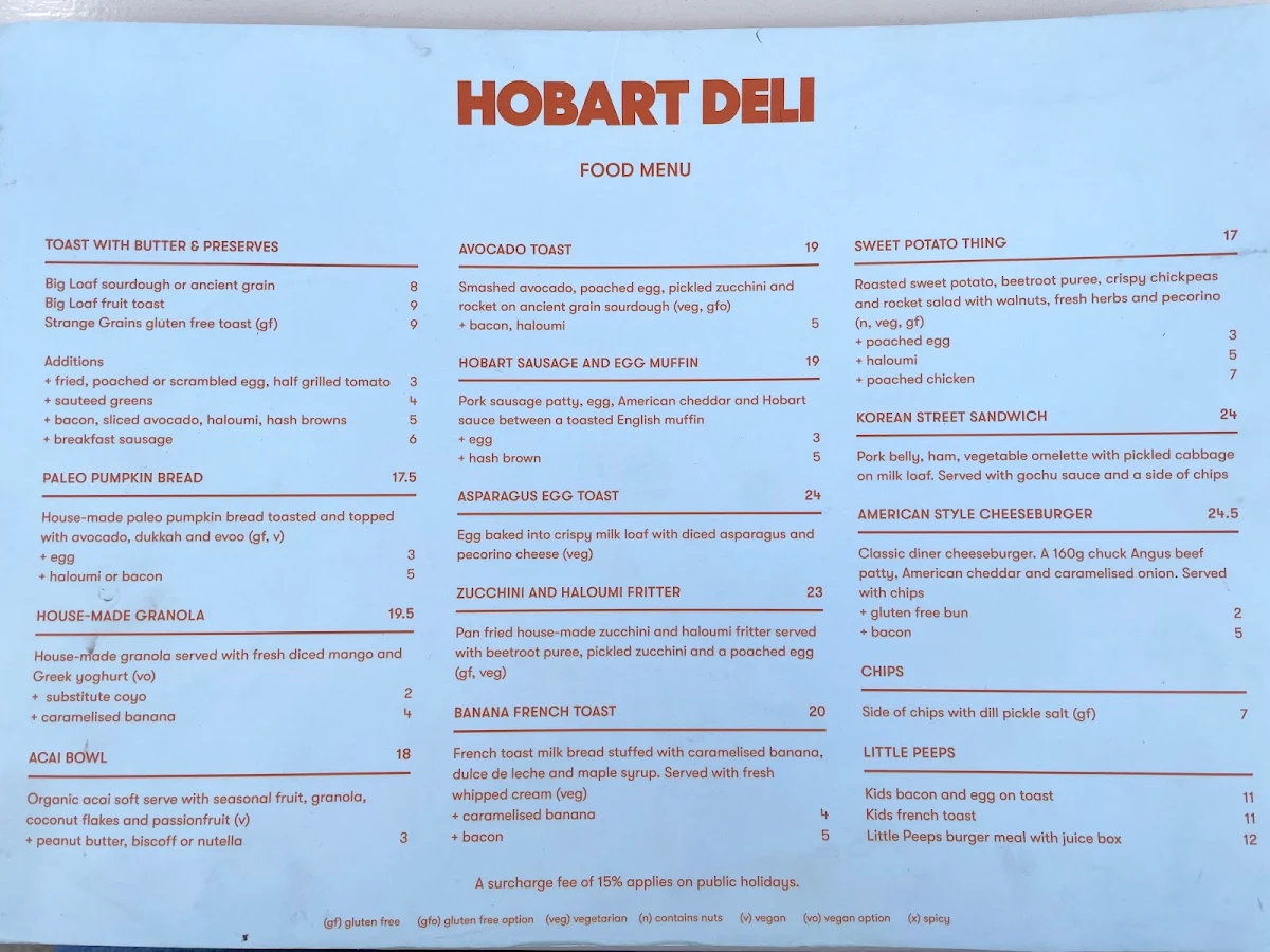 Menu, Hobart Deli