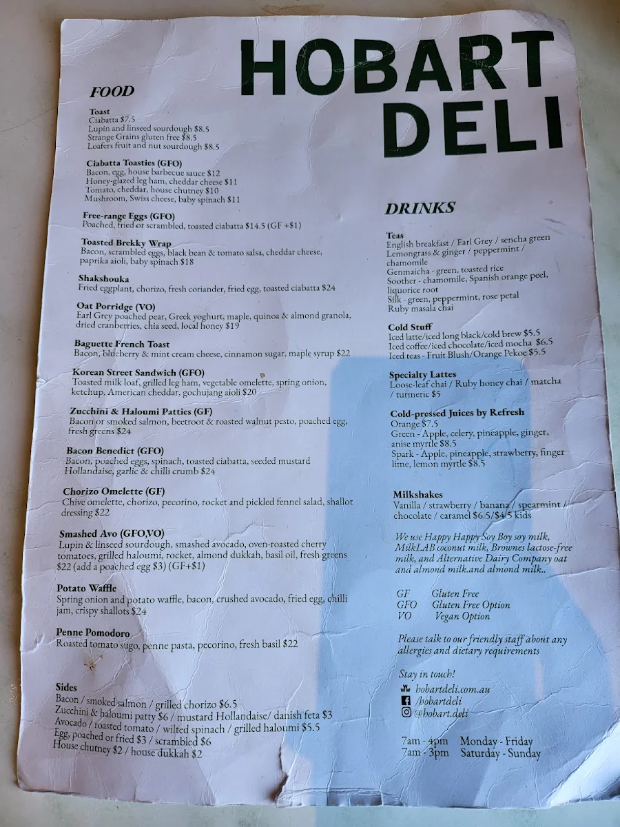 Menu, Hobart Deli