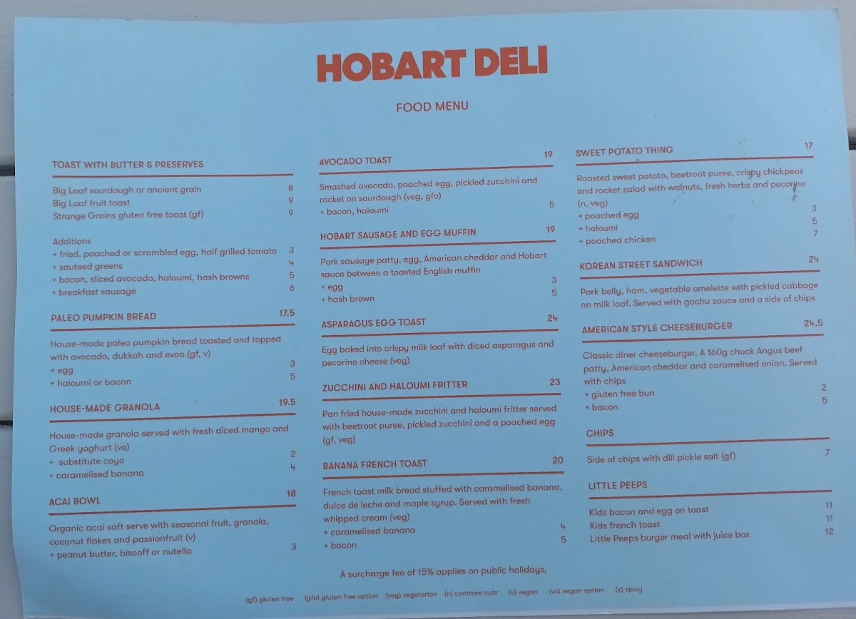 Menu, Hobart Deli
