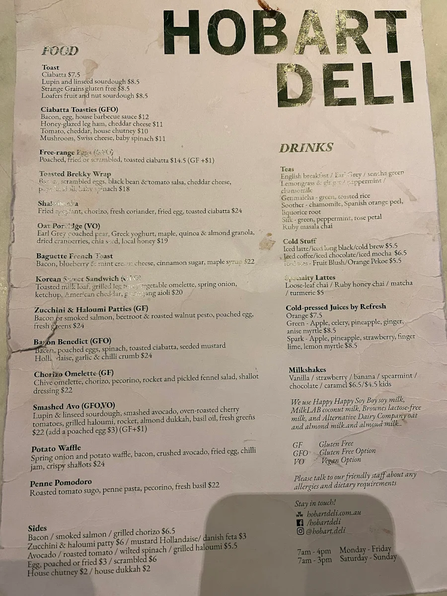 Menu, Hobart Deli