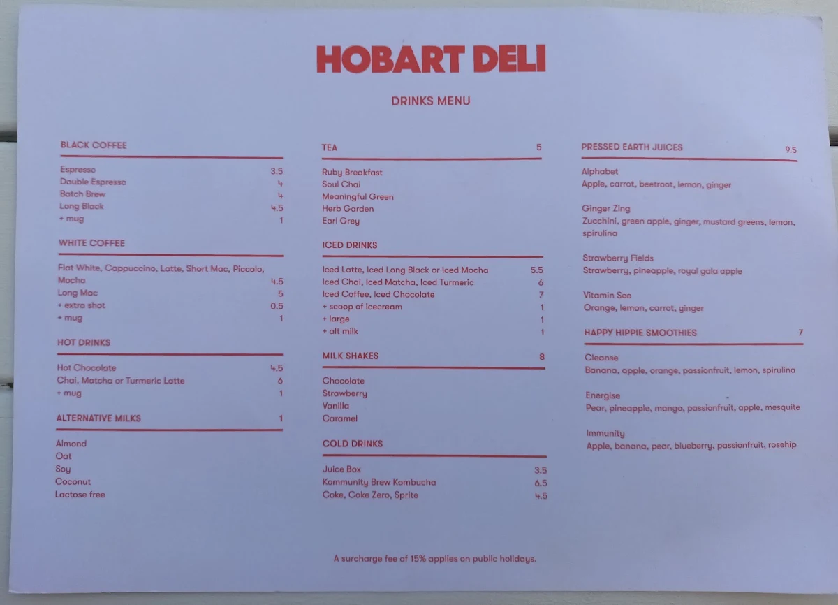 Menu, Hobart Deli