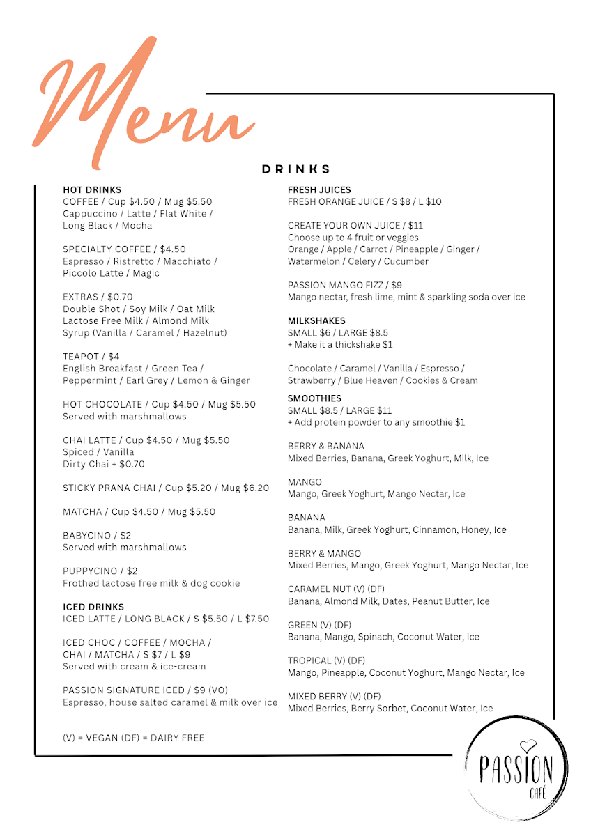 Menu, Passion Café