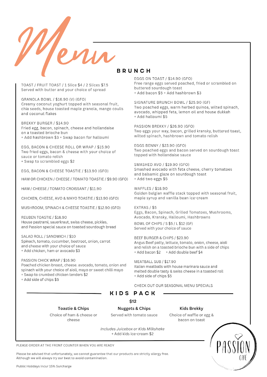 Menu, Passion Café