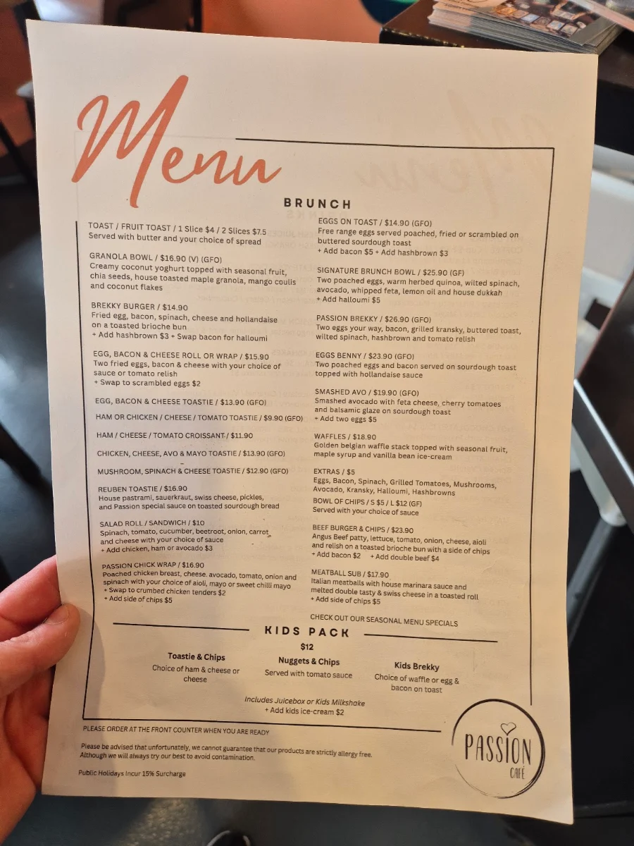 Menu, Passion Café