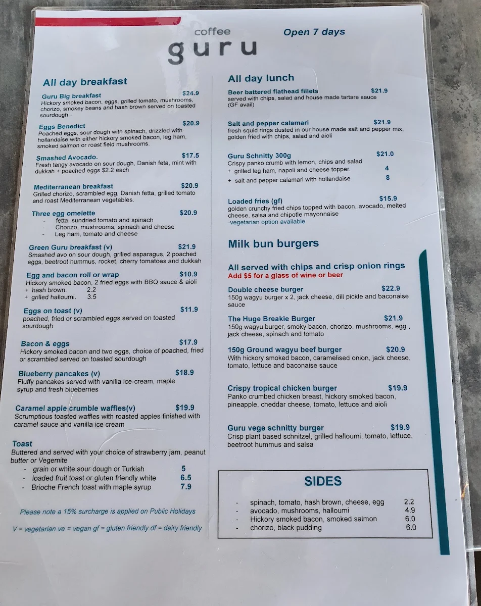 Menu, Coffee Guru Brookwater