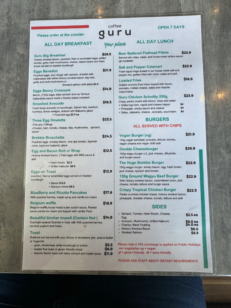 Menu, Coffee Guru Brookwater