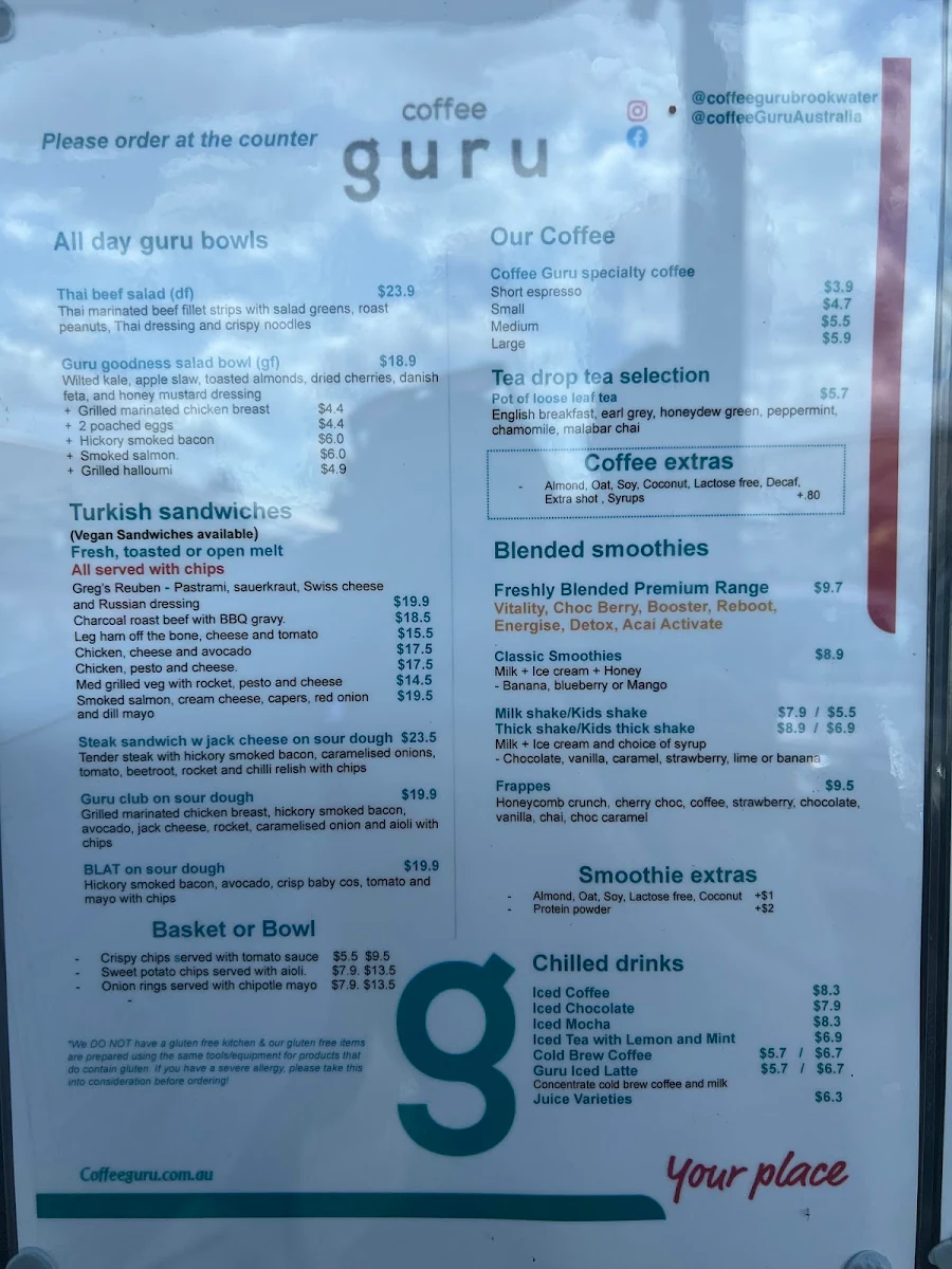 Menu, Coffee Guru Brookwater