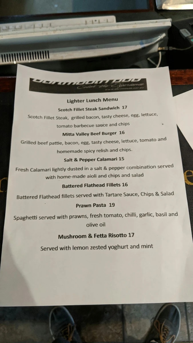 Menu, Dartmouth Pub