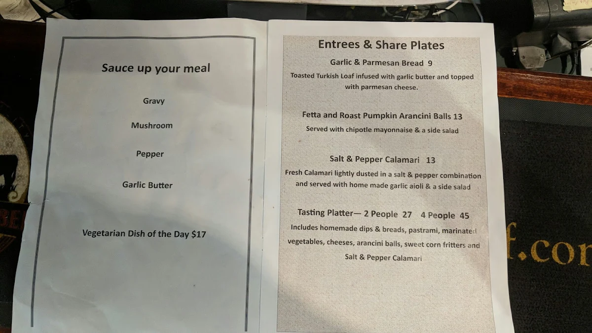 Menu, Dartmouth Pub