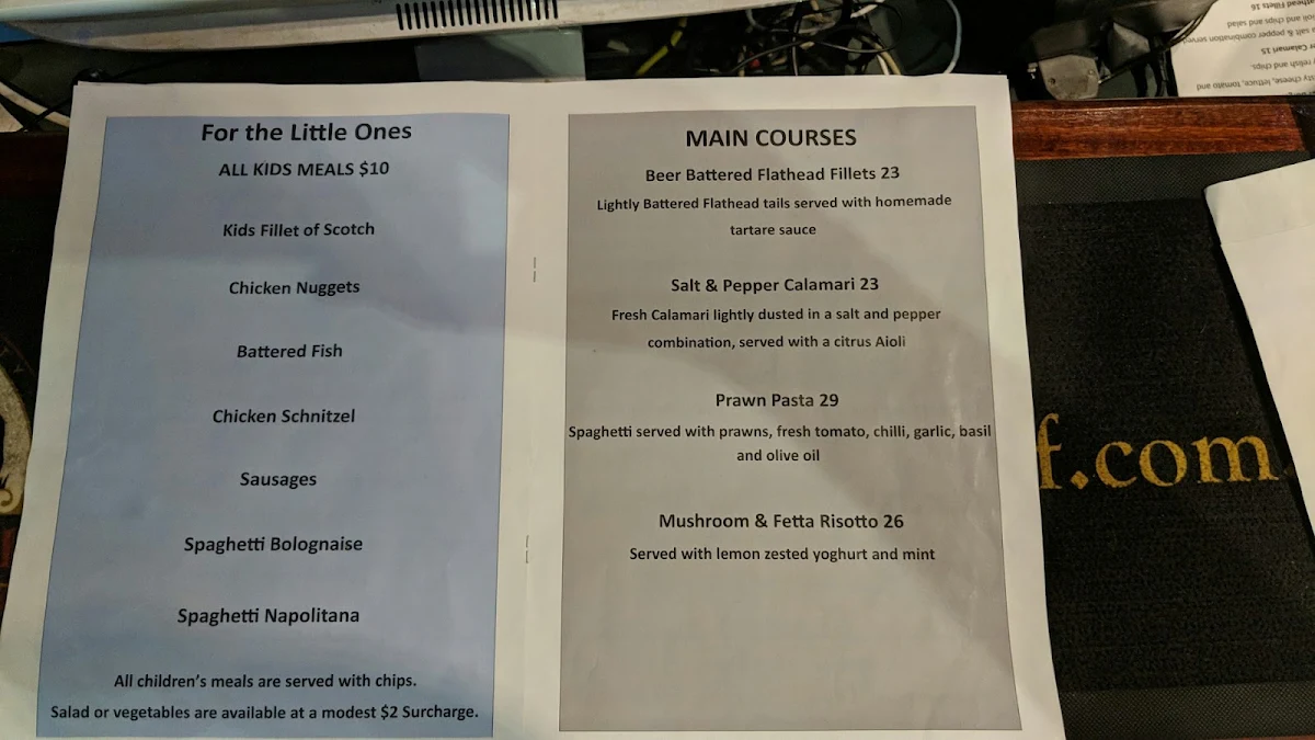 Menu, Dartmouth Pub