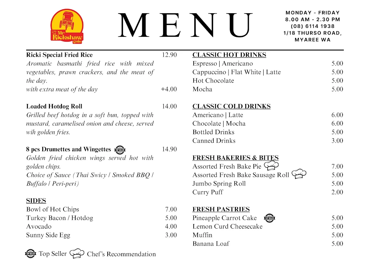 Menu, Mr Rickshaw Cafe