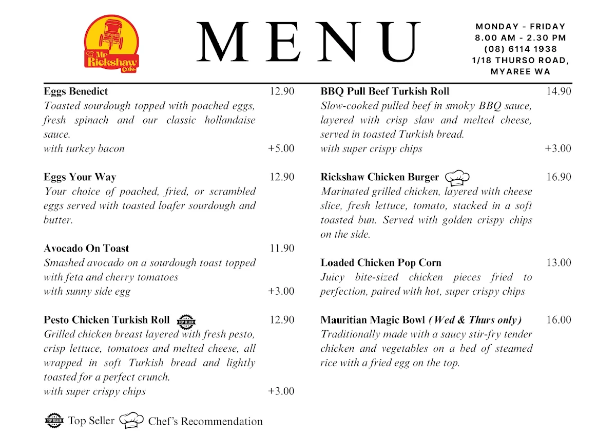 Menu, Mr Rickshaw Cafe