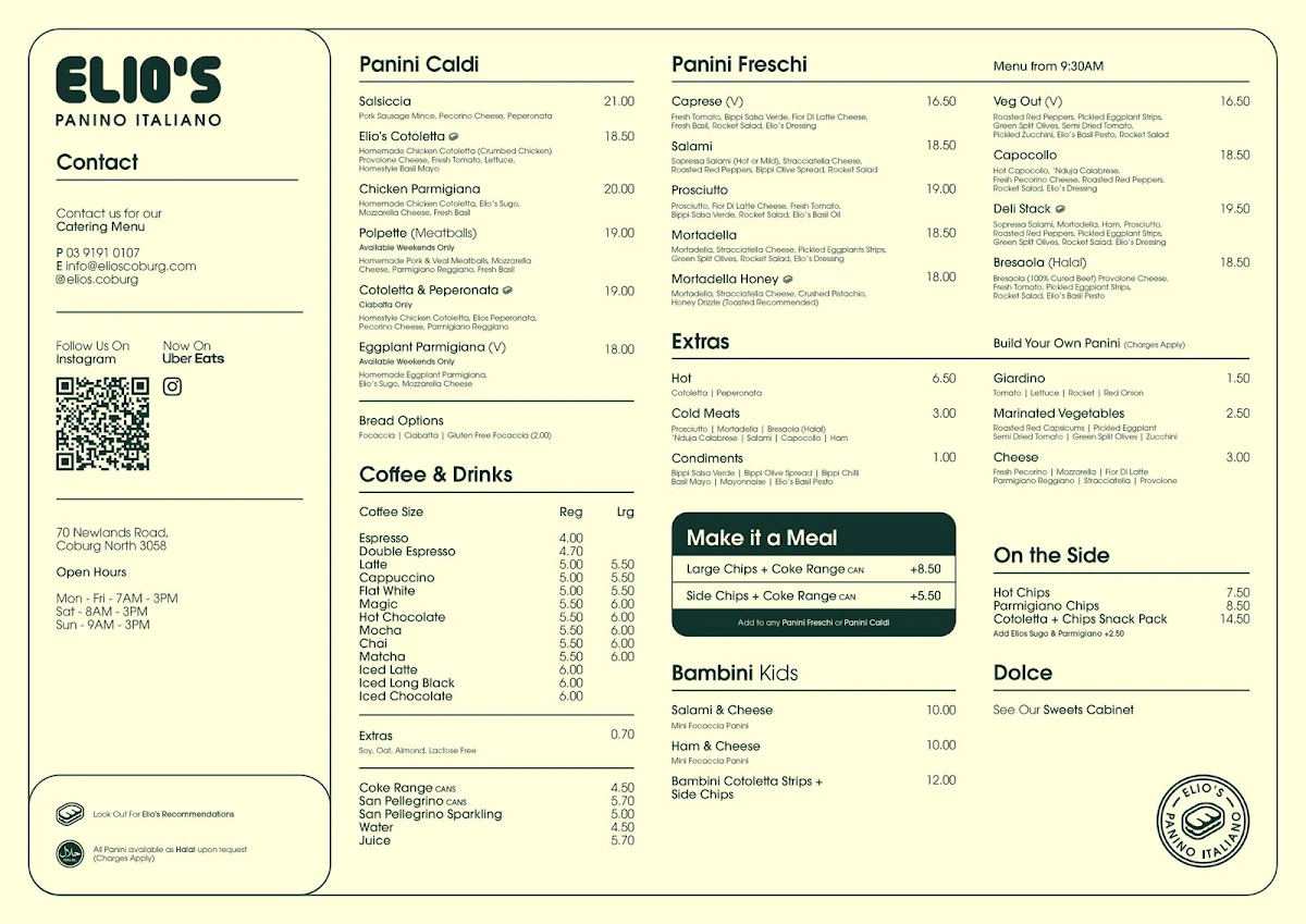 Menu, Elio's Panino Italiano