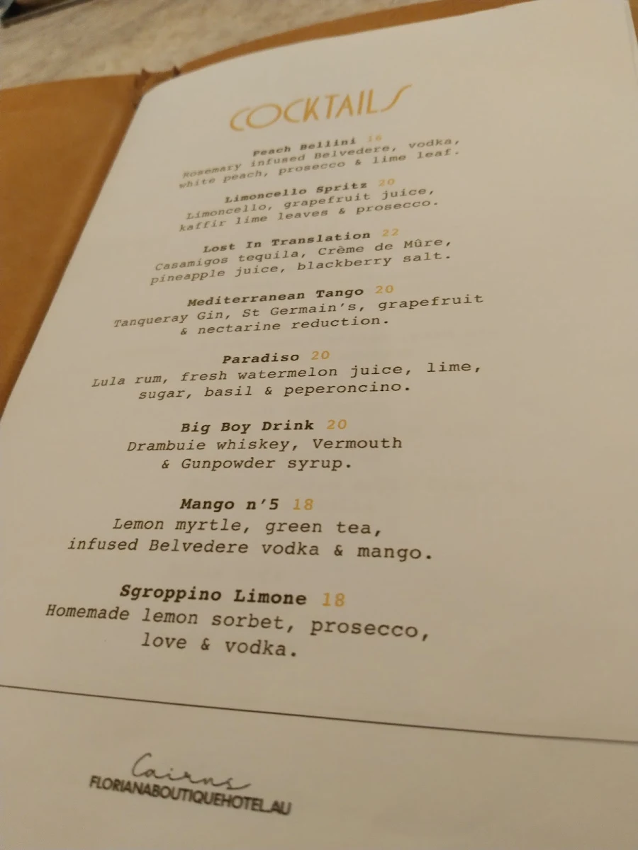 Menu, Floriana Boutique Hotel & Mediterranean Restaurant