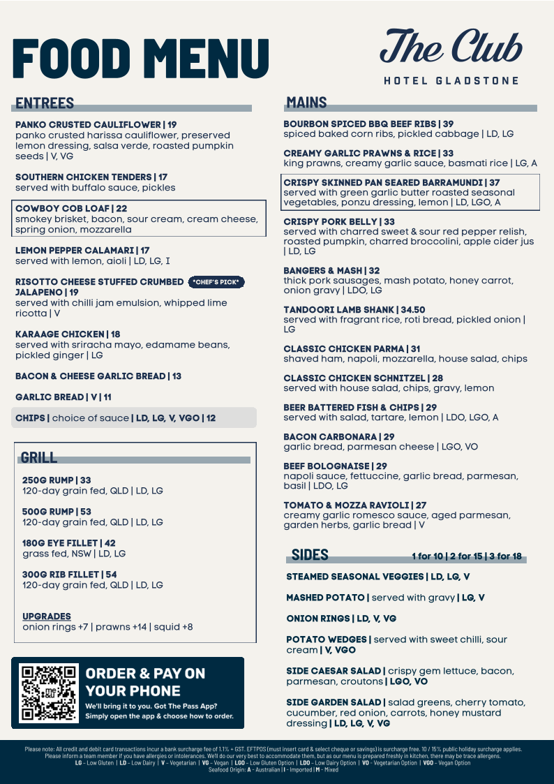 Menu, The Club Hotel Gladstone