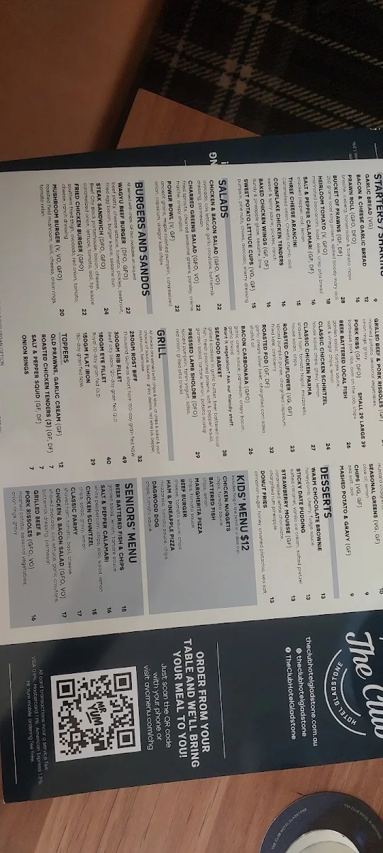 Menu, The Club Hotel Gladstone