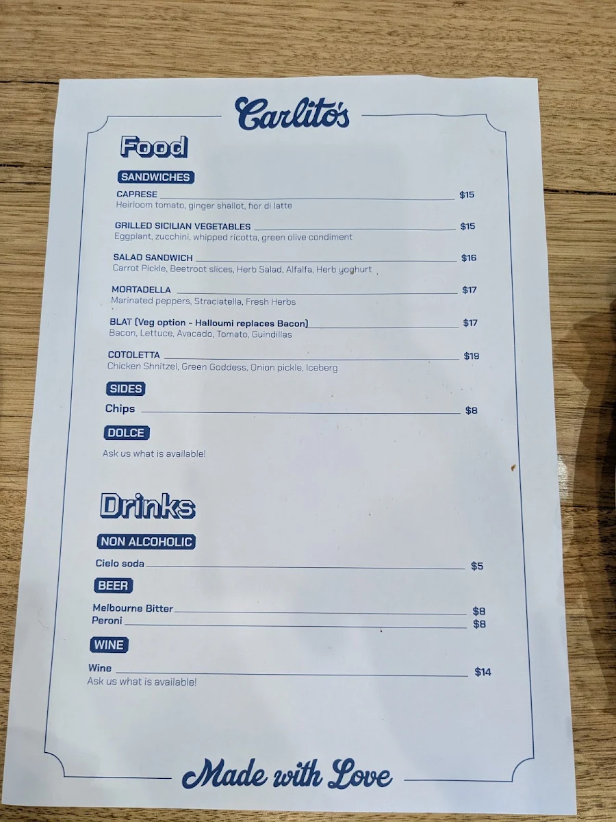 Menu, Carlito's