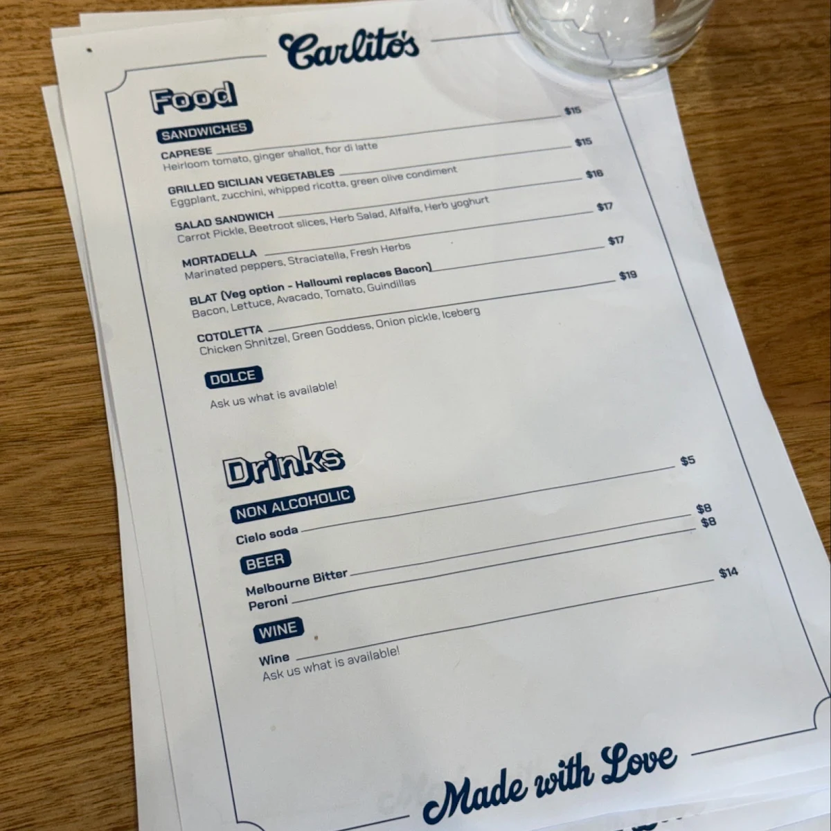 Menu, Carlito's