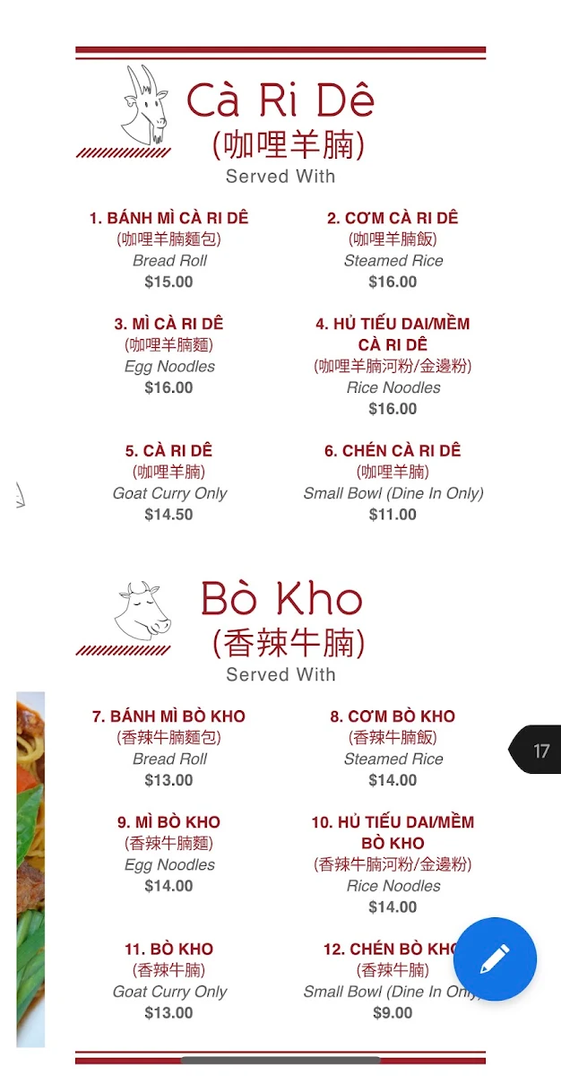 Menu, Lam Ky Noodle and Sweet
