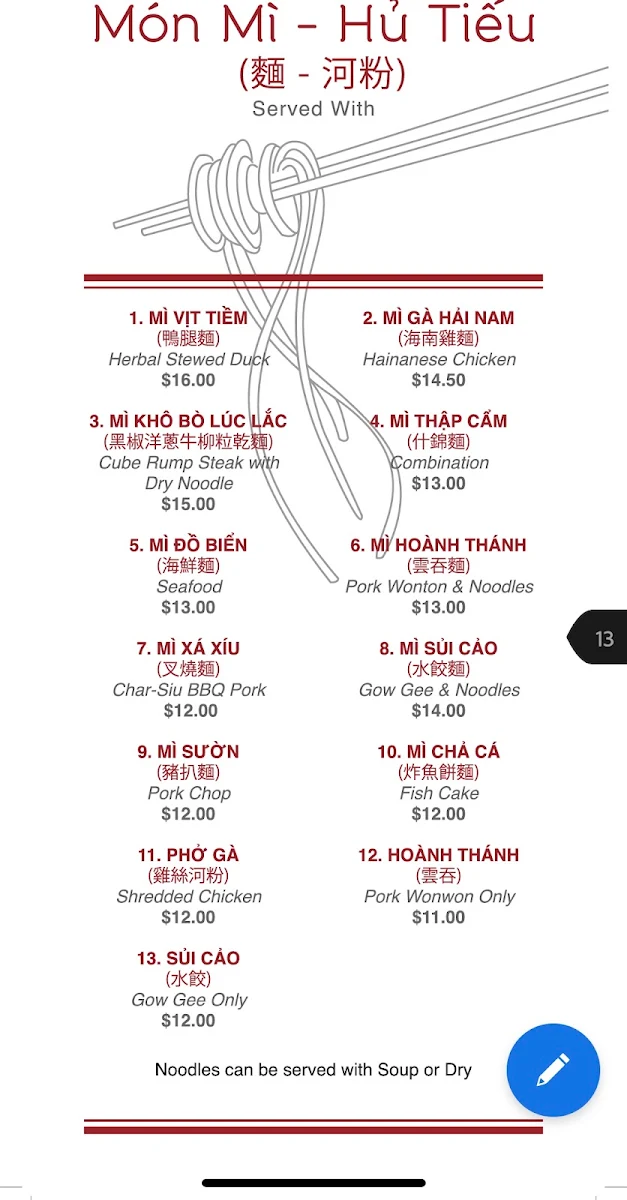 Menu, Lam Ky Noodle and Sweet