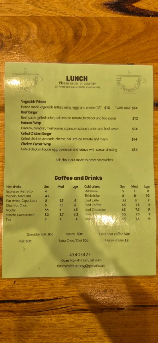 Menu, Times Cafe