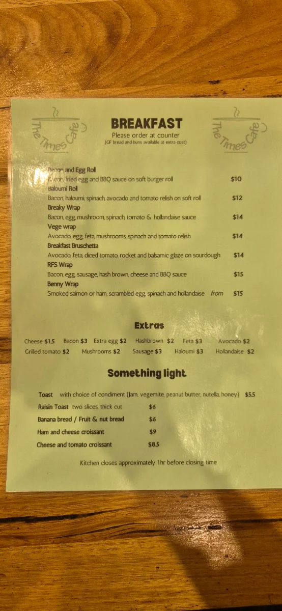 Menu, Times Cafe