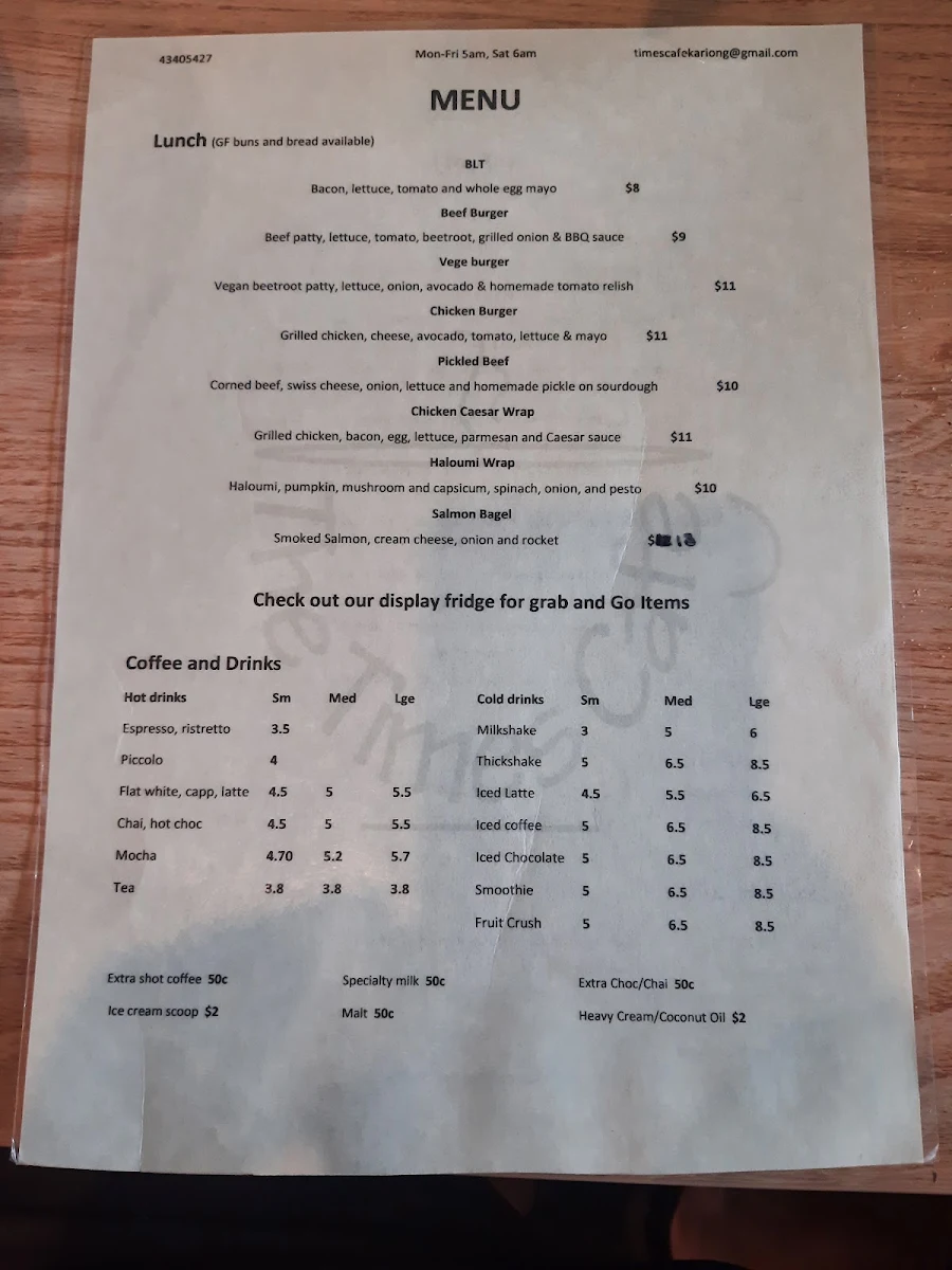 Menu, Times Cafe