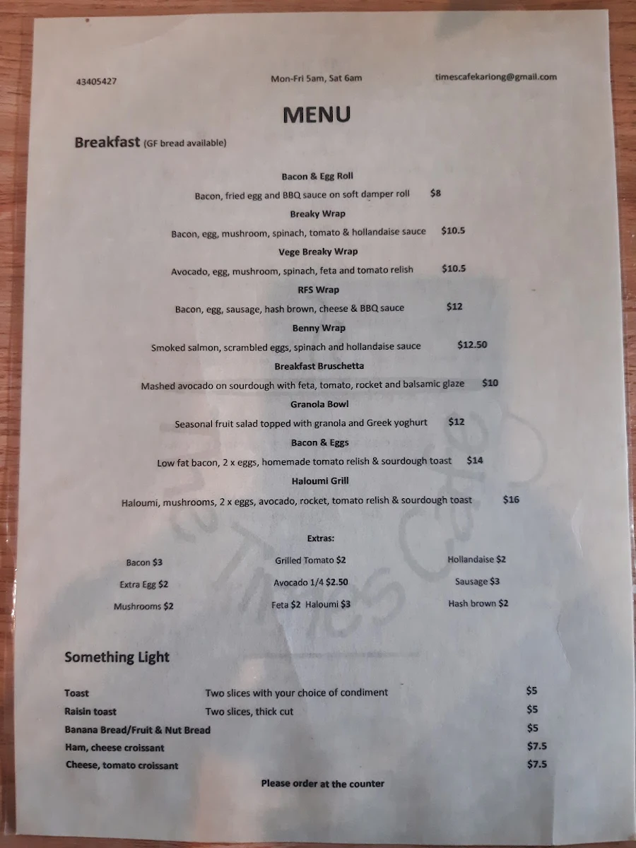 Menu, Times Cafe