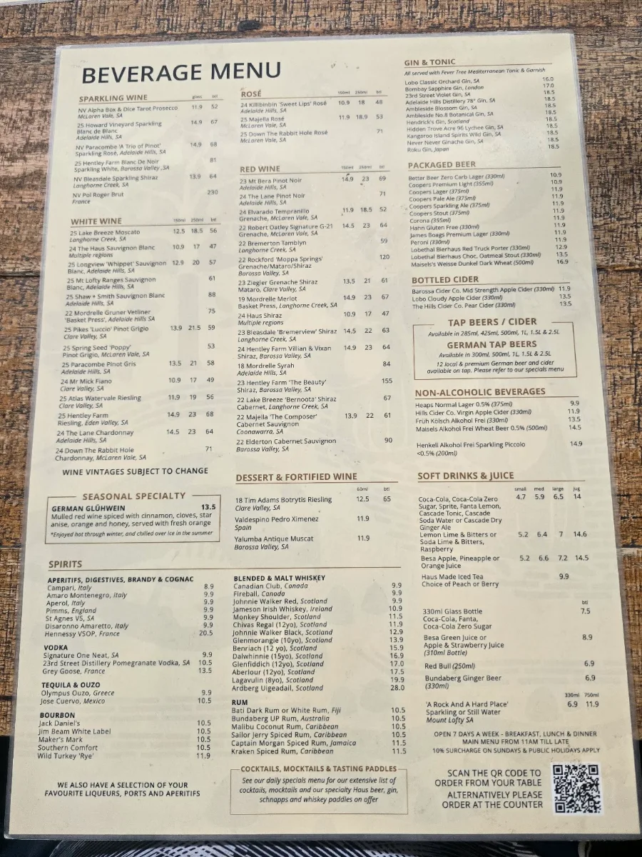 Menu, The Haus Restaurant