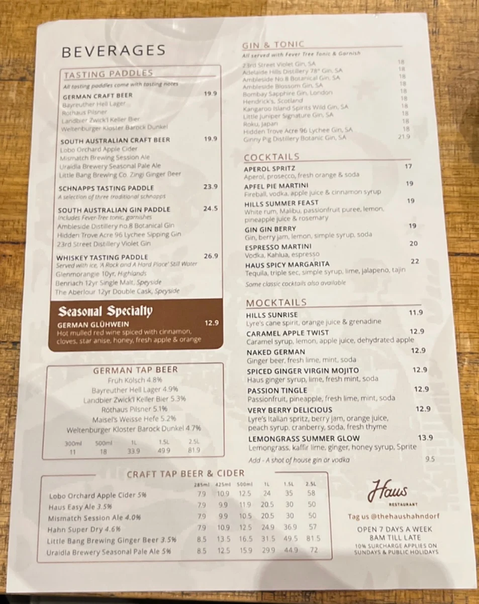 Menu, The Haus Restaurant