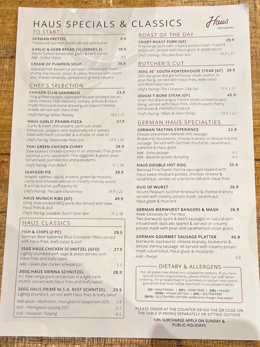 Menu, The Haus Restaurant