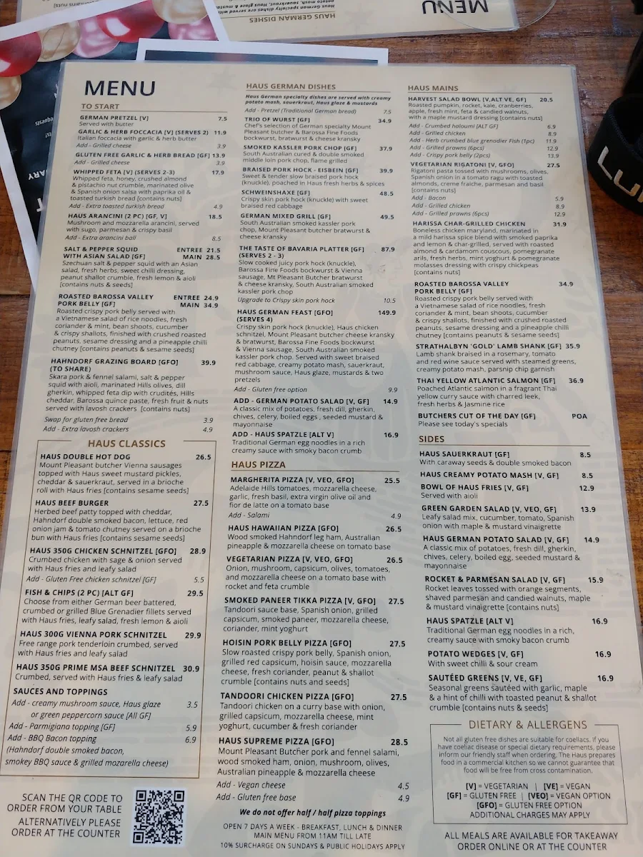 Menu, The Haus Restaurant