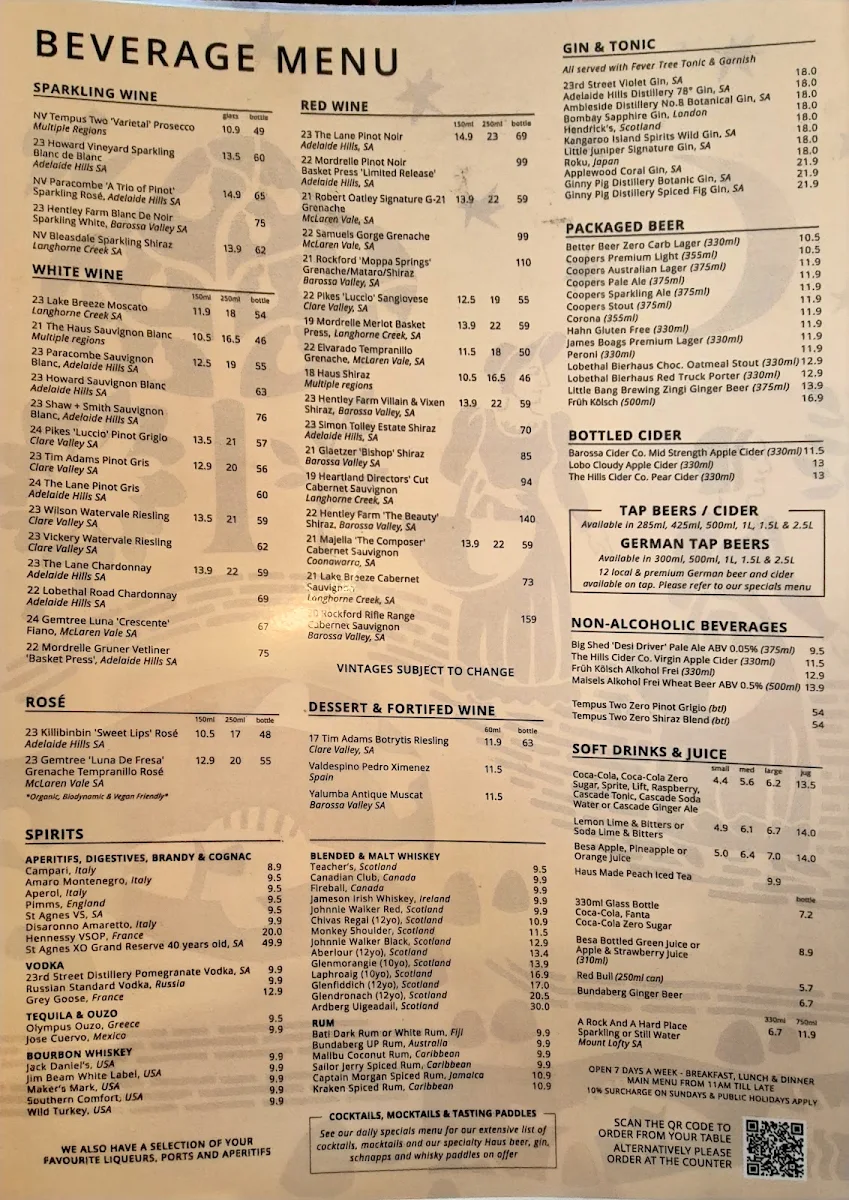 Menu, The Haus Restaurant