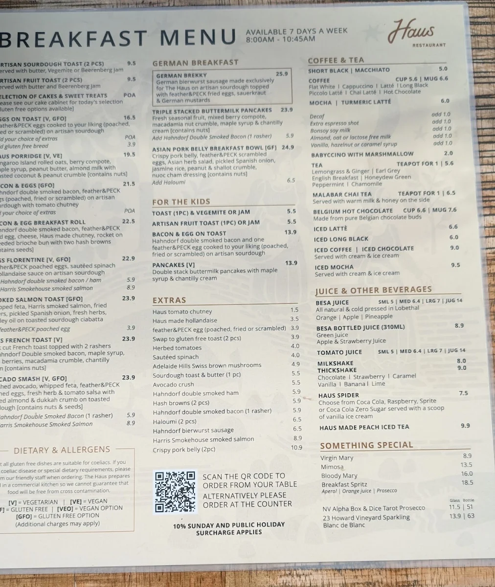 Menu, The Haus Restaurant