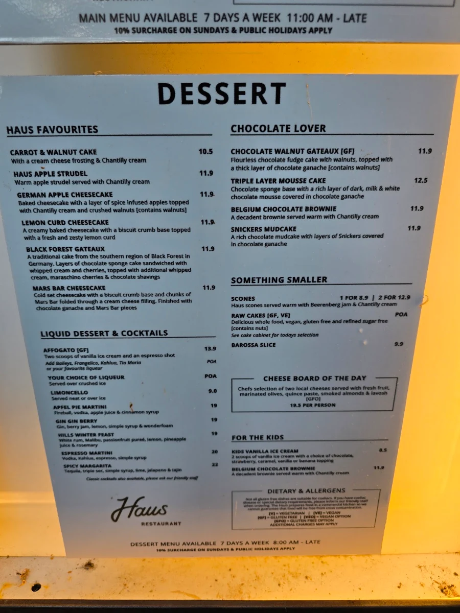 Menu, The Haus Restaurant