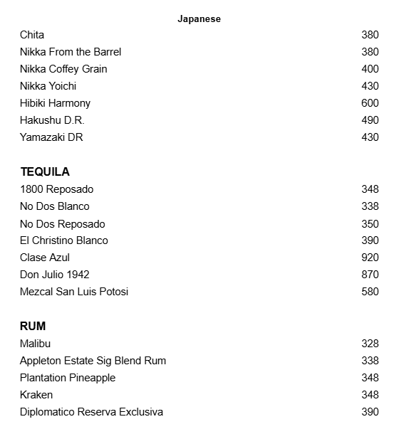 Menu, LKF Bar & Karaoke