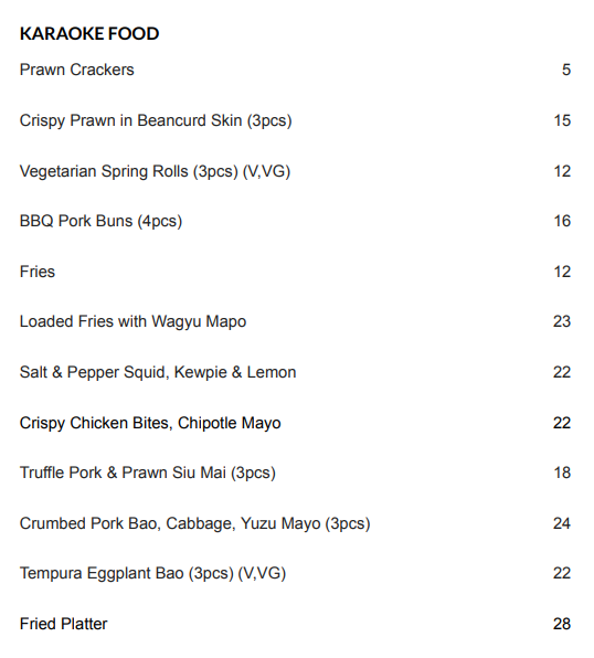 Menu, LKF Bar & Karaoke