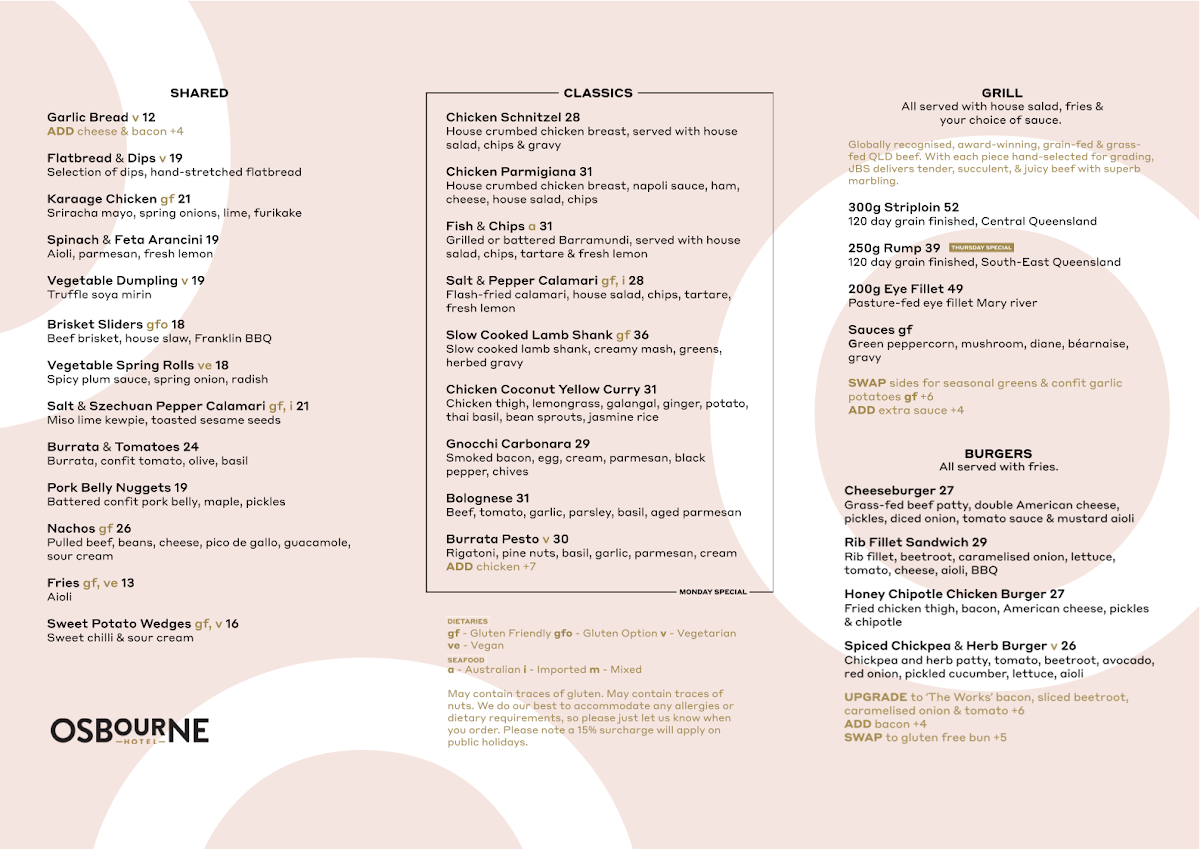 Menu, Osbourne Hotel
