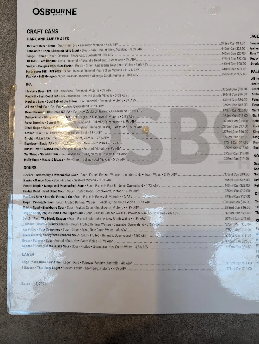 Menu, Osbourne Hotel
