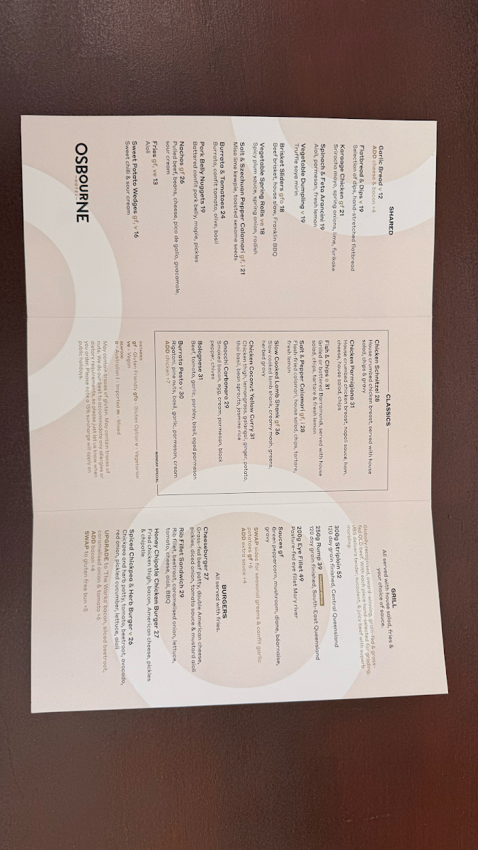 Menu, Osbourne Hotel