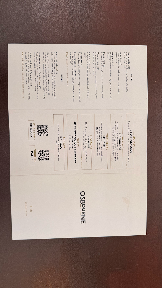 Menu, Osbourne Hotel