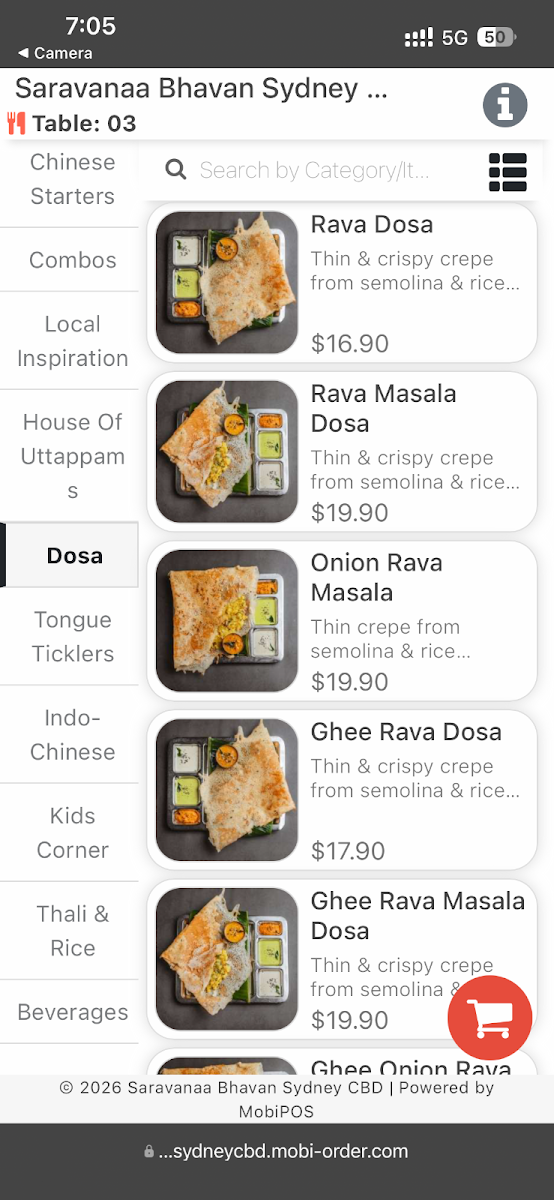 Menu, Saravanaa Bhavan Sydney CBD