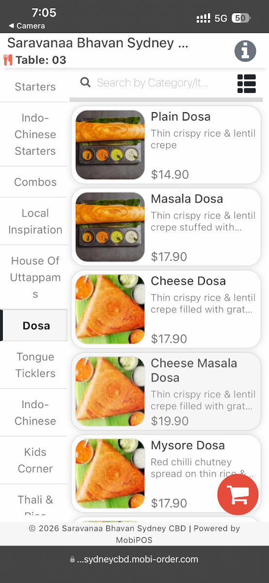 Menu, Saravanaa Bhavan Sydney CBD