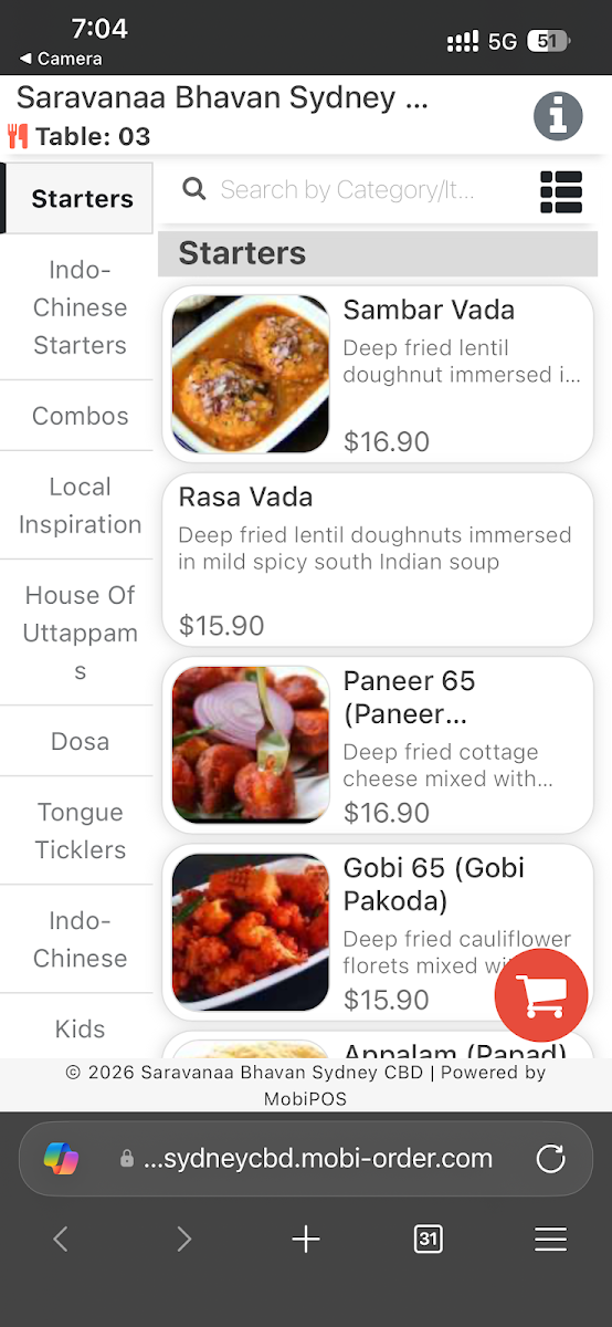 Menu, Saravanaa Bhavan Sydney CBD